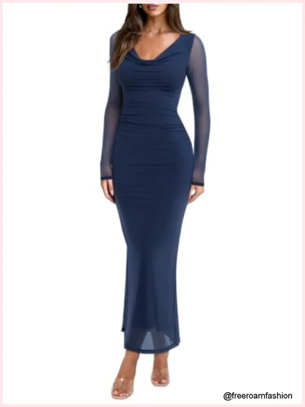 Cowl Neck Sheer Mesh Long Sleeve Ruched Bodycon Midi Dress